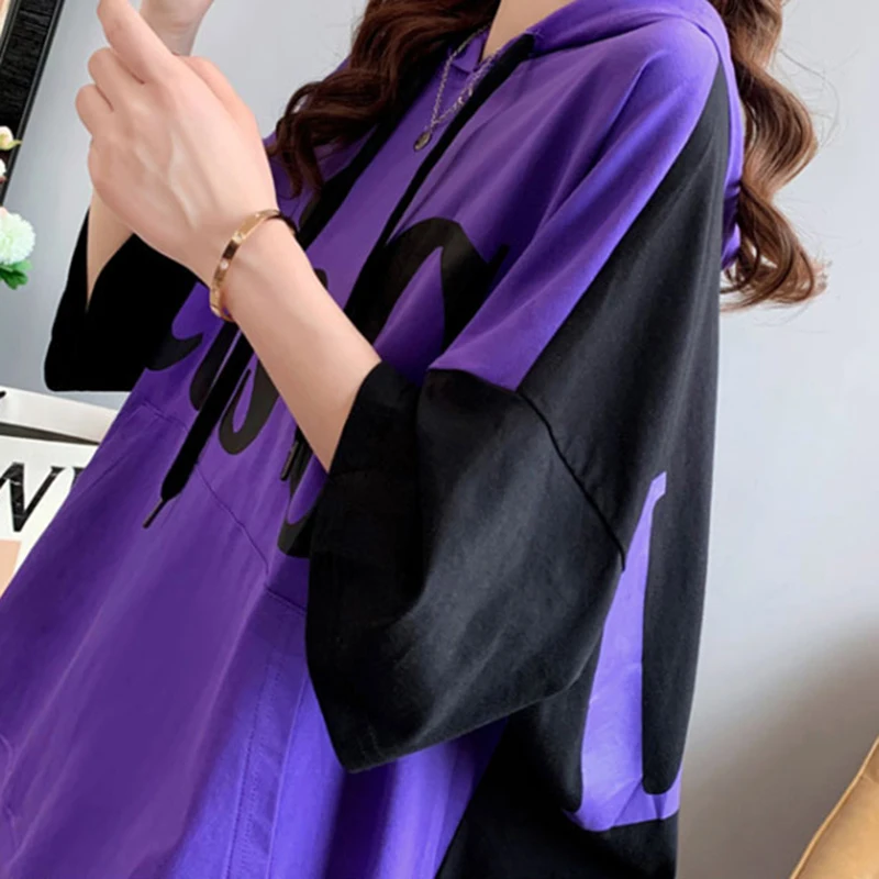 

Kekeplus Store Korean Fashion Print Cotton Hooded T-Shirts Women Summer Oversized Casual Loose Top Tees Oversized TShirt CY8876