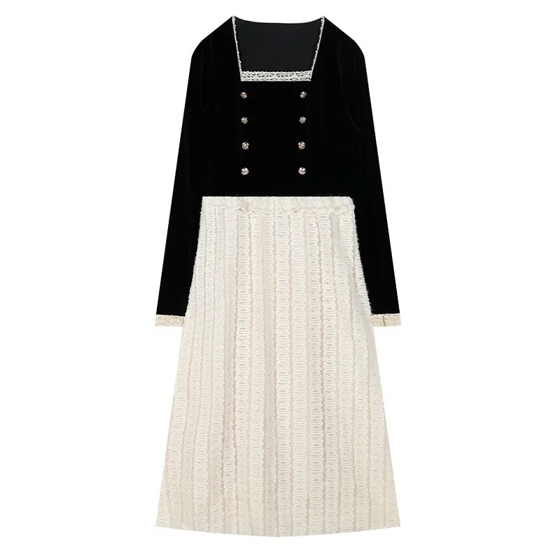 

Office Lady Square Collar Velvet Spliced Gauze Mid-Length Dress Spring Women French Vintage Pullover High Waist A-Line Dress