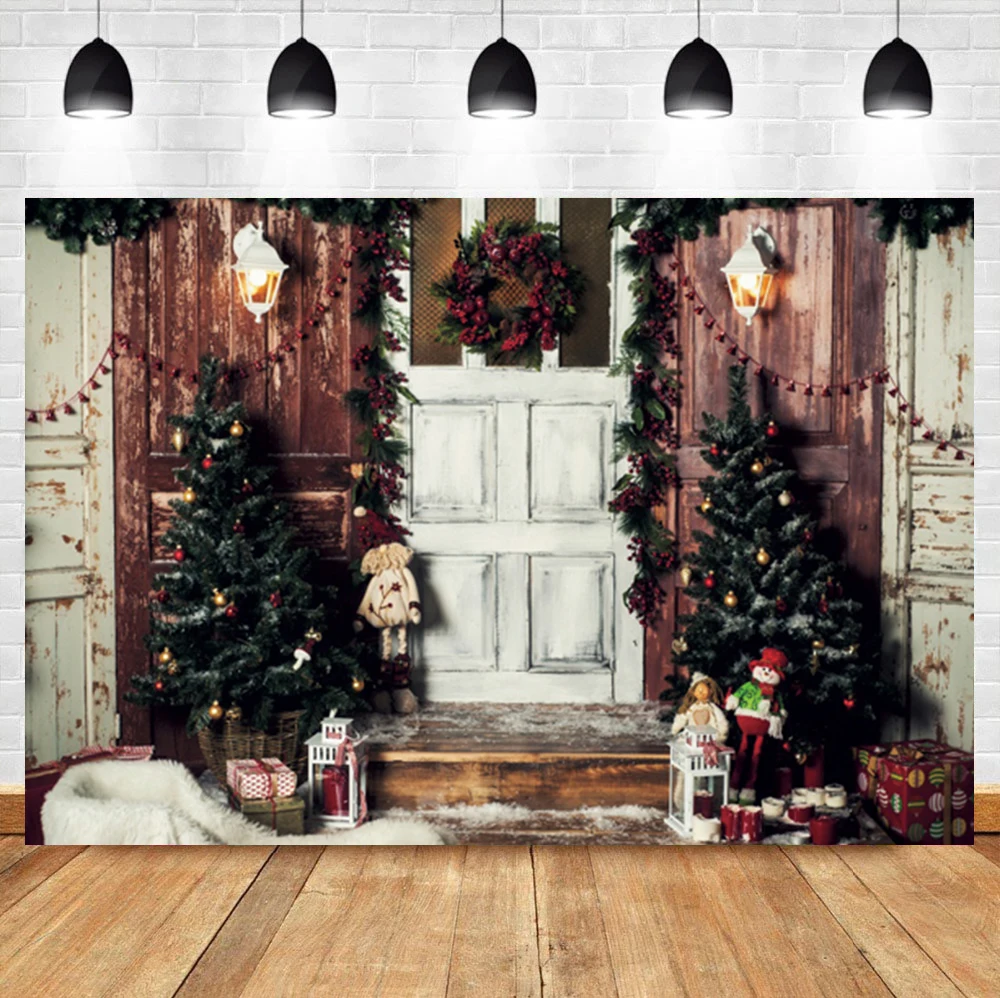 

Laeacco винтажная деревянная дверь зимняя Рождественская елка подарок ребенок день рождения фон фотографический фон для фотостудии