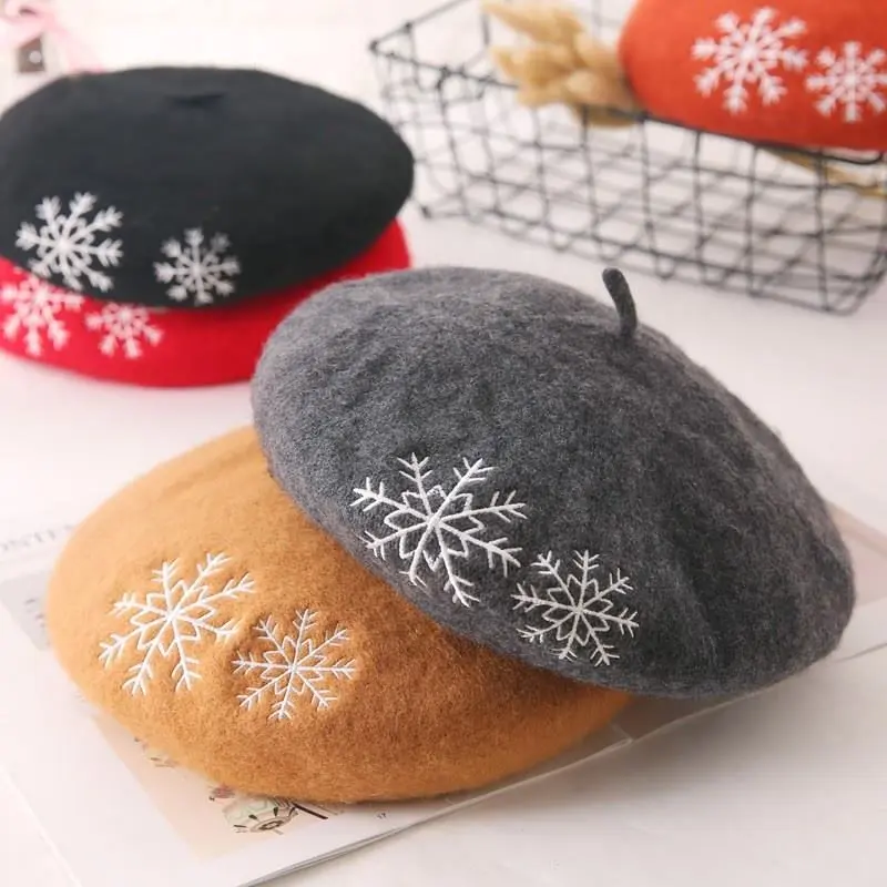 Высокое качество шерстяной берет вязаная шапка снежинка вышивка теплая зимняя