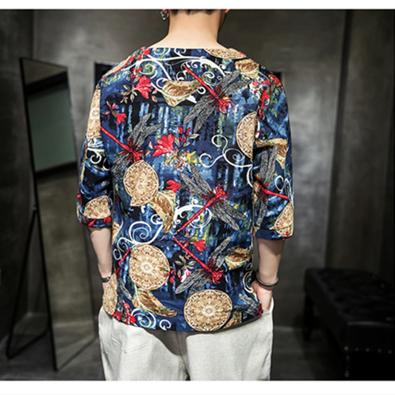 

KOLMAKOV 2021 Spring/Summer New Men Cotton Linen Printed Five-Quarter Sleeve T-Shirts Men's Large Size Loose Shirts Y13