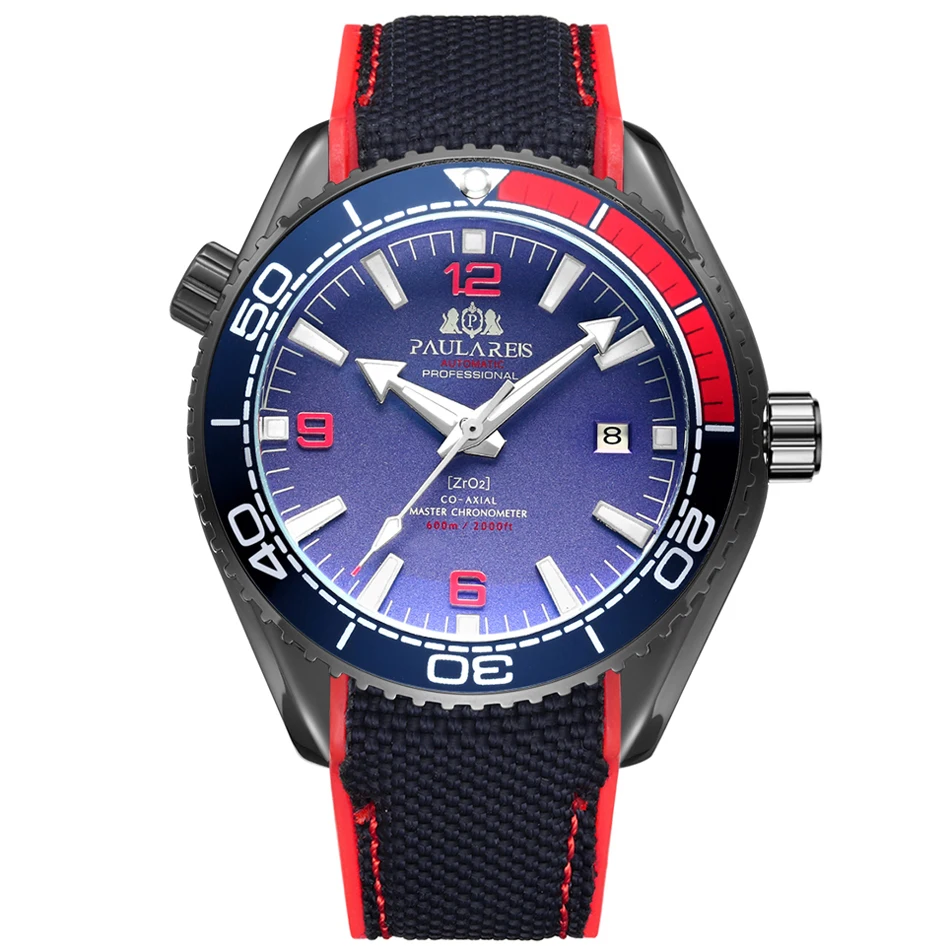 Black Red Blue Мужские автоматические механические холщовые часы с резиновым ремешком James Bond 007, стильные оранжевые, синие, красные классические часы с вращающейся рамкой - Цвет: Black Red Blue