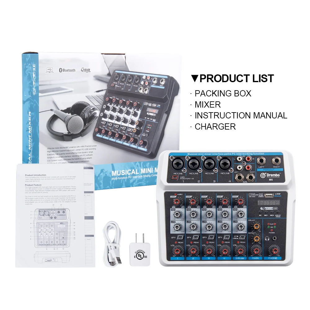 6 канальная портативная цифровая диджейская консоль M6 аудиомиксер со звуковой