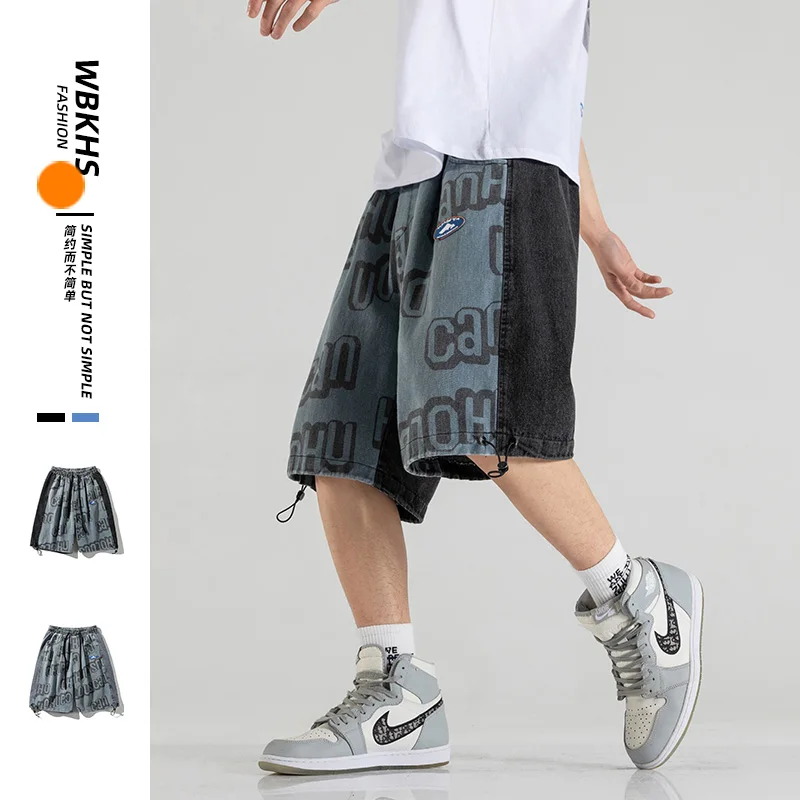 

2021 Summer Men Patchwork Jean Shorts Loose Casual Knee Length Trousers