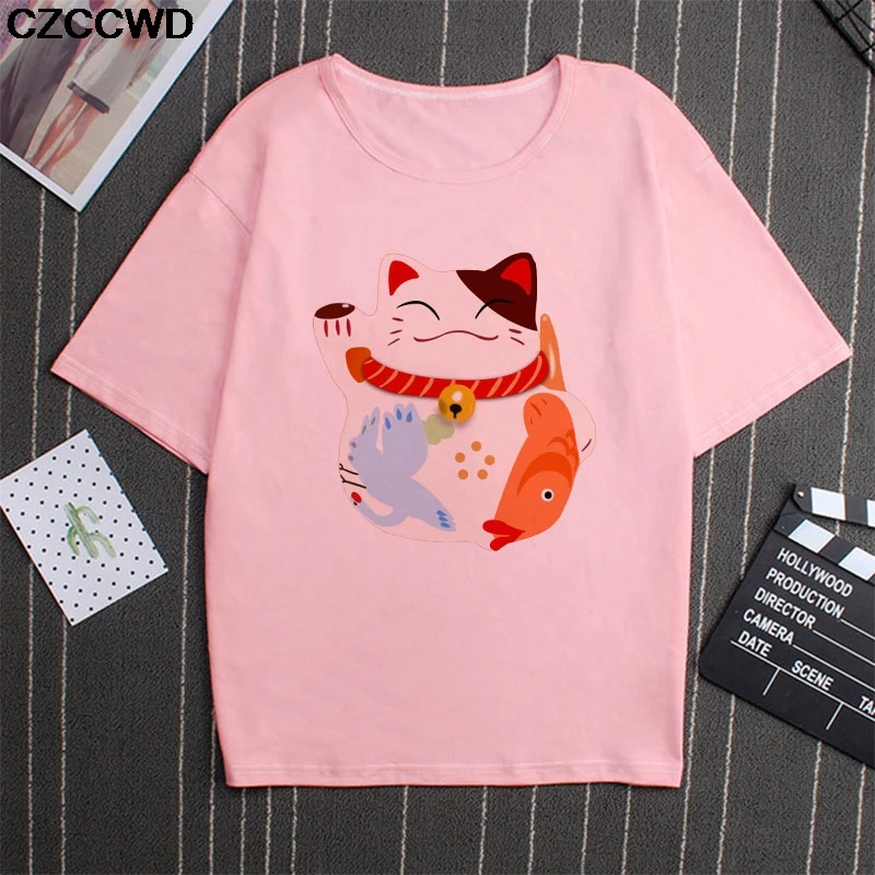 Женская одежда 2019 винтажная розовая футболка с принтом счастливого кота женские