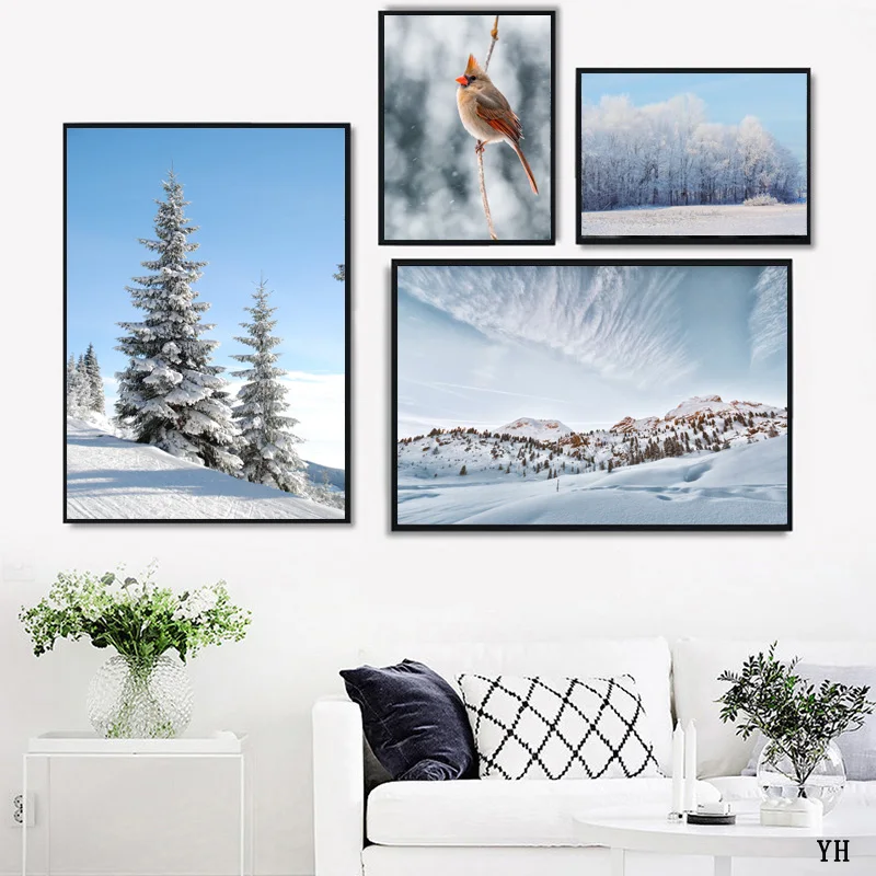 

Winter Snow Landscape Wall Art Nordic Canvas Painting Mountain Cedar Forest Lake Modern Home Posters Decorative Pictures Decor