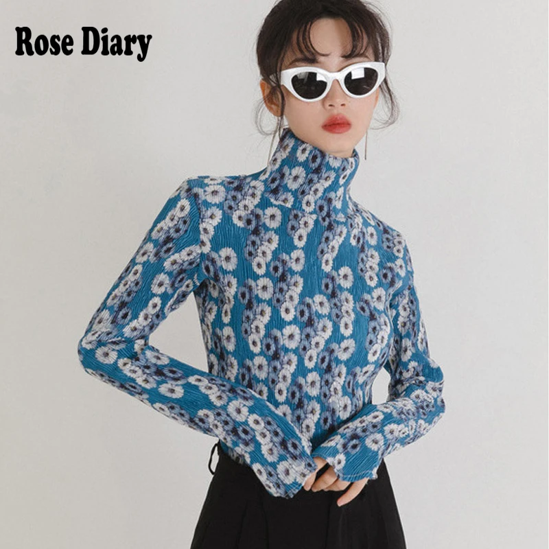 Женская винтажная водолазка с цветочным принтом рюшами|Блузки| |