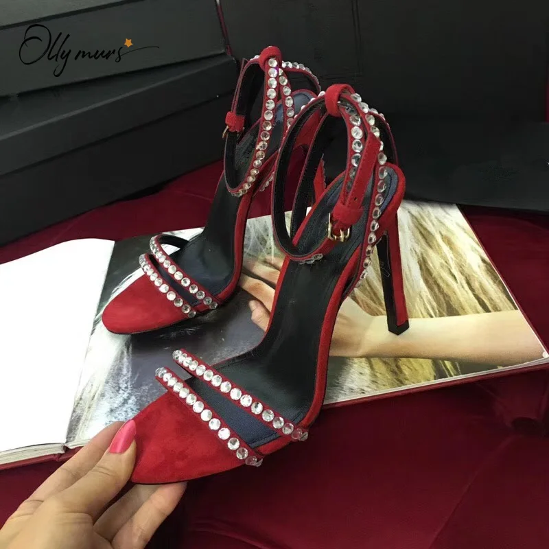 

OllyMurs New Spring Summer Black Green Women Sandals Sexy Open Toe Crystal Buckle Thin High Heel Women Sandals Party Shoes Woman