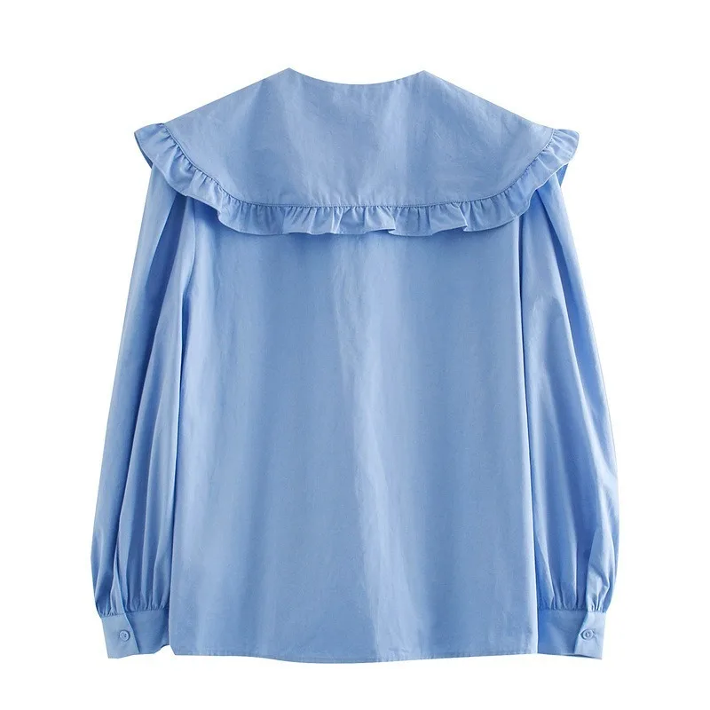 

Kawaii Blouse Women Puff Sleeve Ruffle Top Peter Pan Collar Shirt Button Up Shirt Blue Office Ladies Korean Style Cotton