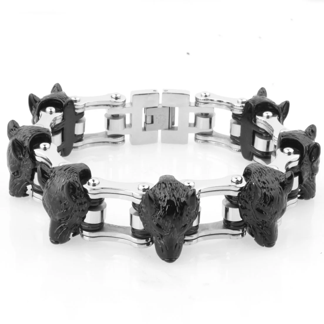 

Granny Chic Black/Silver Color Biker Motorcycle Link Punk 316L Stainless Steel Gothic Wolf Bracelet Bangle Wristband