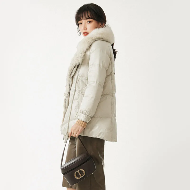Fur Collar 2021 New Fox Patchwork Wool Coat warm thick Female 90% White Duck Down Zipper Winter Jacket Women