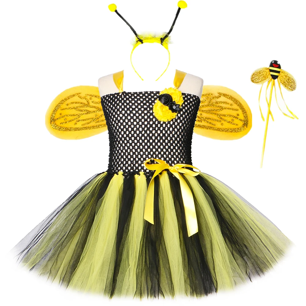 1 Set Bee Girls Tutu Dress Yellow Black Honeybee Fairy Costume Outfit Kids Halloween Masquerade Party Fancy Dresses | Детская одежда и