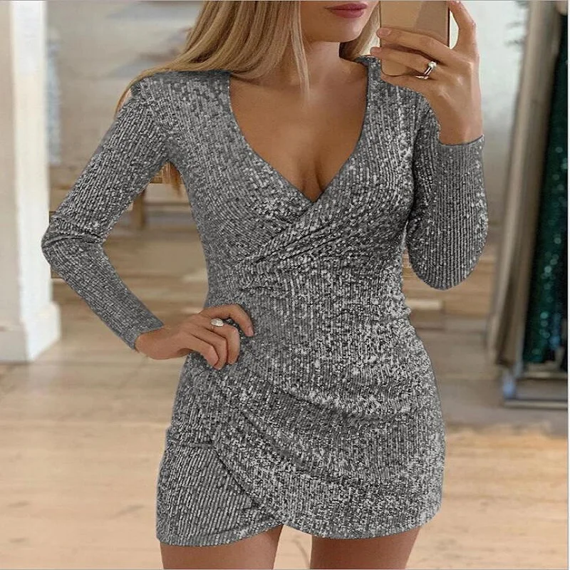

European and American sexy V-neck buttock irregular, elegant and elegant short skirt Sequin dress dress dress one piece dress