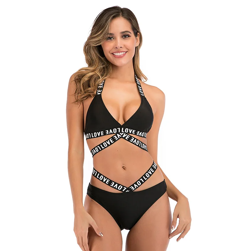 

Bandage Bikini 2020 Printed Swimwear Women Swimsuit Solid Bathing Suit Mid Waist Bikini Padded Push Up Cross Letter Swim Wear