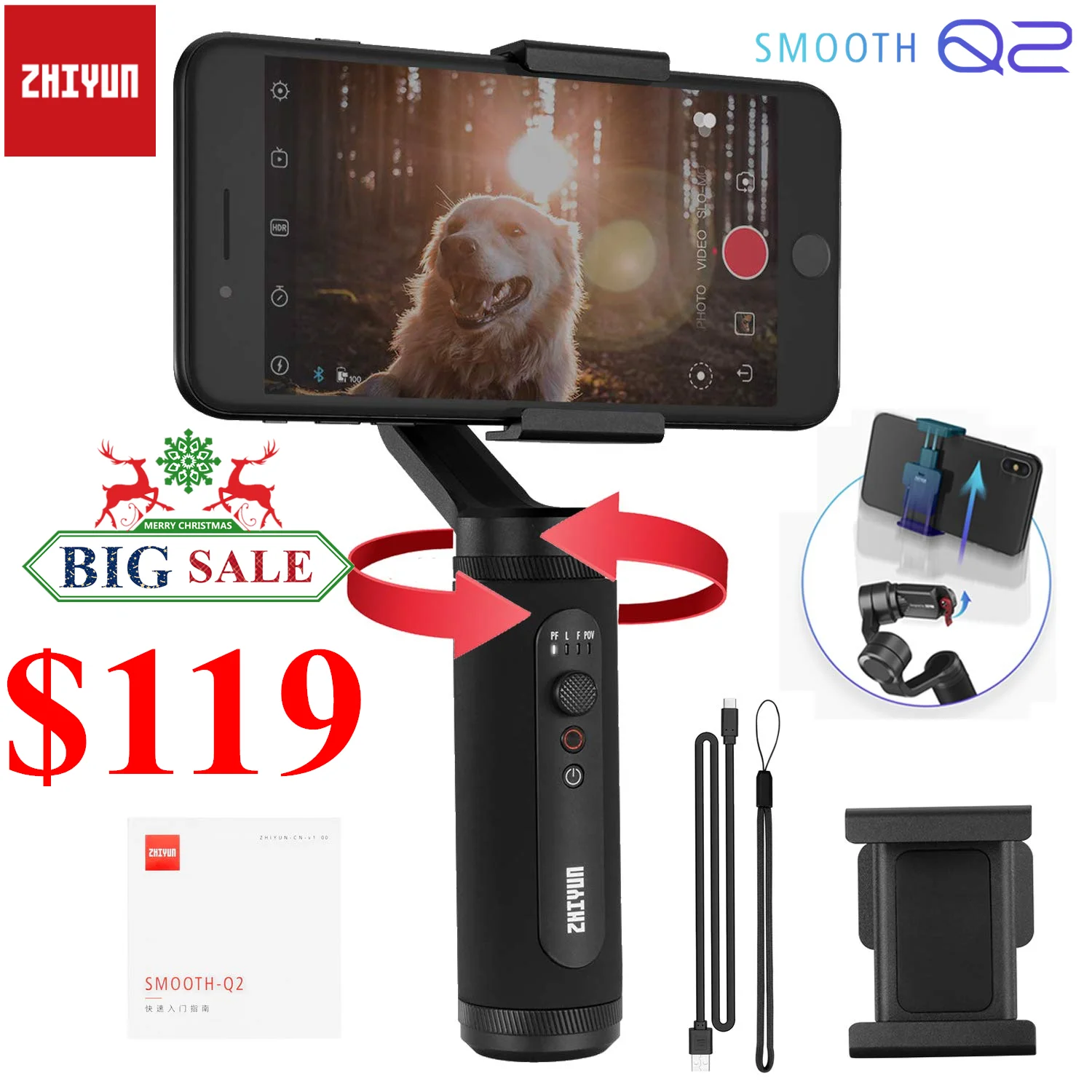 Zhiyun Smooth Q2 3-Axis смартфон ручной шарнирный стабилизатор для камеры GoPro, небольшой карман Размеры 360 градусов вращения для телефона 11 Pro Max S10 9