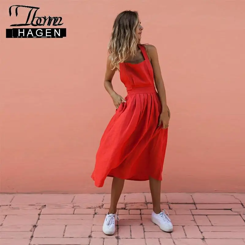 Женский хлопковый сарафан средней длины Tom Hagen повседневное Бандажное платье
