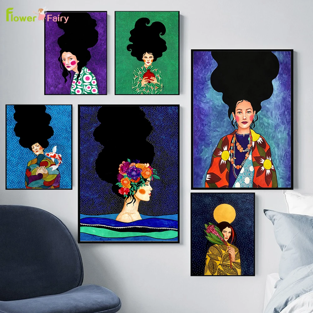 

Colorful Flower Girl Bird Wall Art Canvas Painting Vintage Woman Nordic Poster Cuadros Wall Pictures For Living Room Unframed