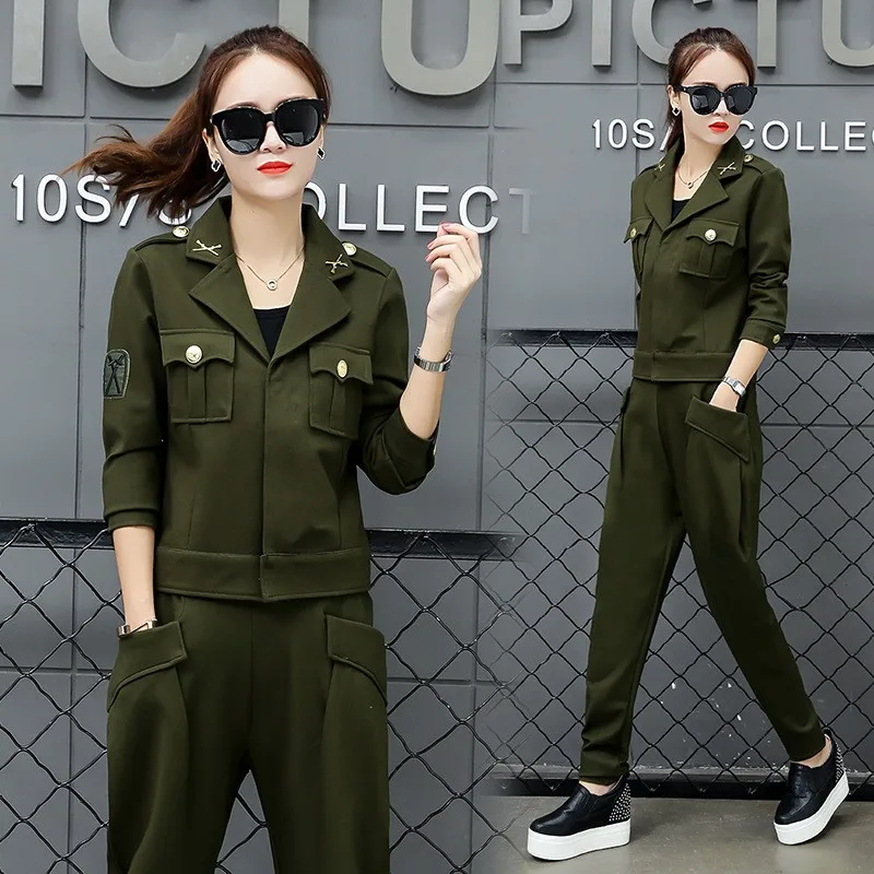 Женский армейский зеленый пиджак с лацканами и брюки султанки комплект из 3