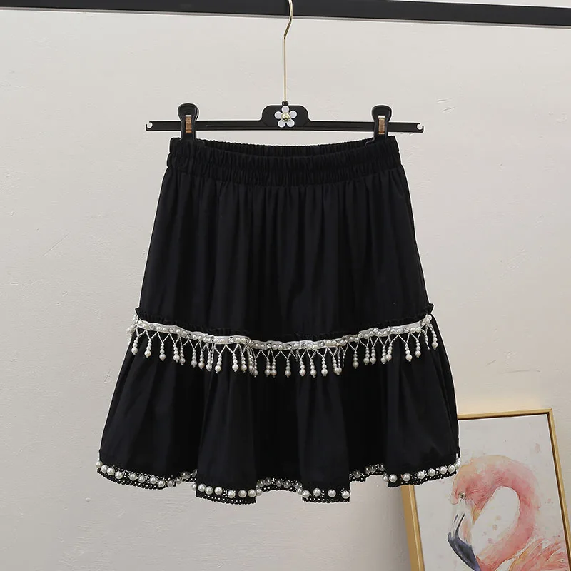 

2021 Summer New Tassel Beaded Pleated Short Skirt For Ladies Solid Color High Waist Slimming High Waist A- line Skirt Female