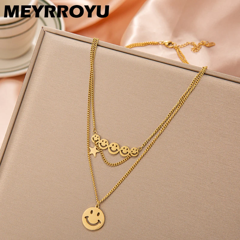 

MEYRROYU Stainless Steel Smile Face Necklace 2021 New Trendy Light Luxury Niche Gold Color Clavicle Chain Necklace Jewelry Gift