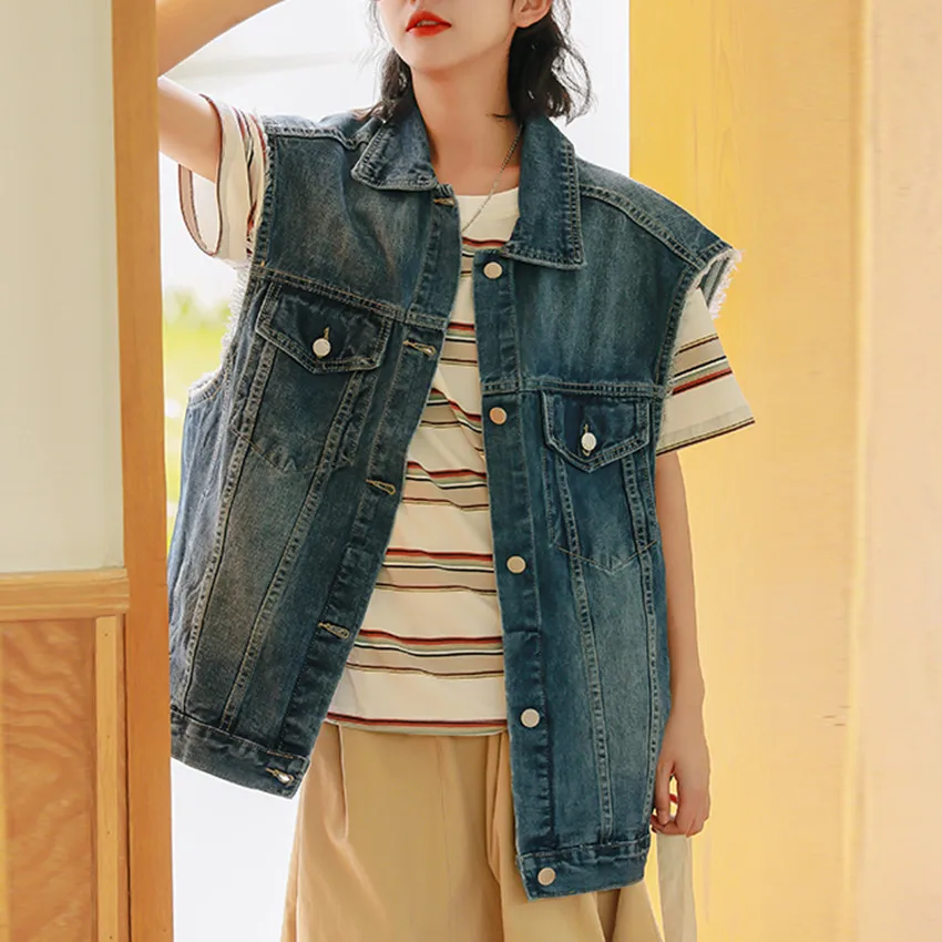 

Женская джинсовая куртка без рукавов, жилет из денима, Повседневная Уличная одежда в стиле кэжуал