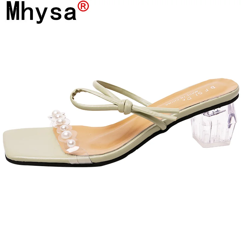 

2021 Summer New Women's Sandals Fashion Sexy Set Foot Square Head Pearl Open Toe Sandals Outdoor Transparent Mid Heel Sandals
