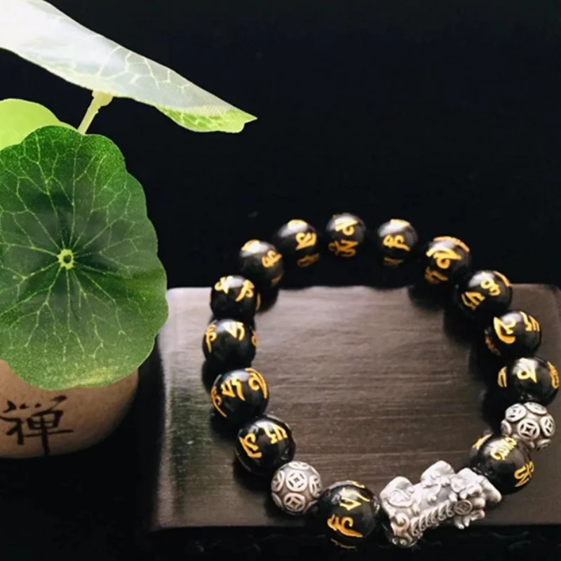 Подарок для мужчин и женщин S999 Pixiu фэн-шуй обсидиановый браслет ручной работы