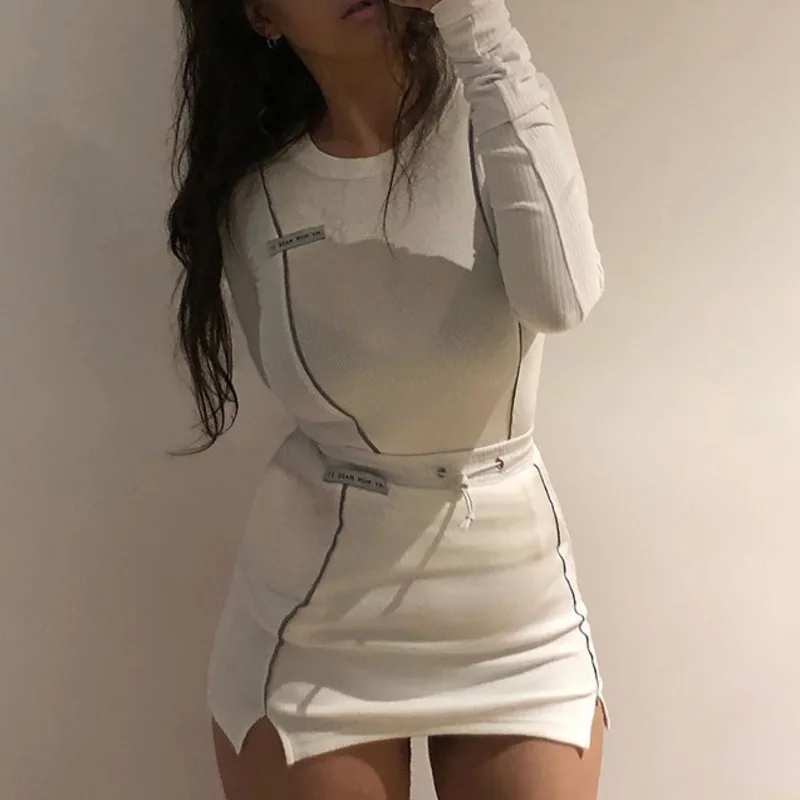 

XUXI Women Sexy Dress Summer 2021 Casual Fashion Knitting High Waist Long Sleeves Dresses Slim Wrap Hip Skirt E683