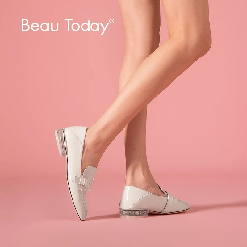 BeauToday/лоферы; женская обувь из лакированной кожи с квадратным носком без застежки; Прозрачная женская обувь на плоской подошве с украшением в виде пряжки; ручная работа; 27124