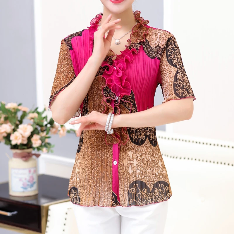 Новая летняя шифоновая блузка для женщин среднего возраста рубашка с коротким