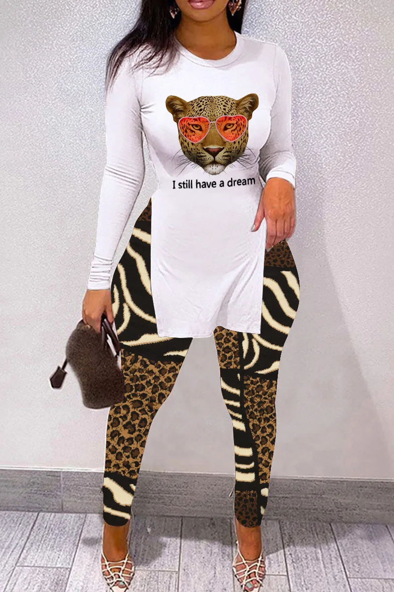 

Trendy Chic Leopard Print Long Sleeve Slim Pullover Retro Top High Waist Pants Stacked Leggings Party Women Two Piece Outfits