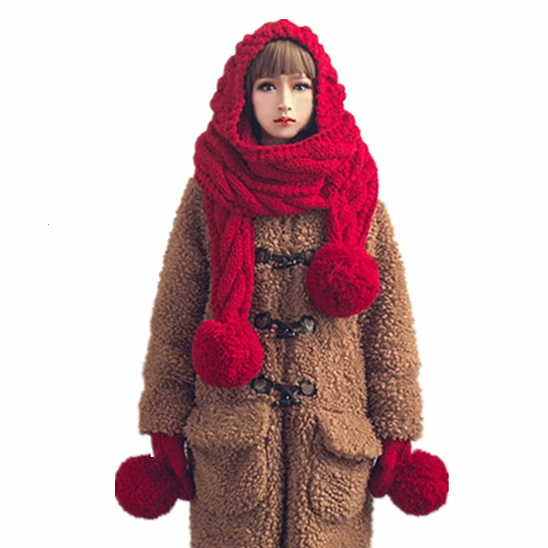 

Fashion Cute Women Winter Warm Thick Handmade Red Big Long Beanie Scarf & Gloves Knitted Funny Hat Caps Christmas Party Gift