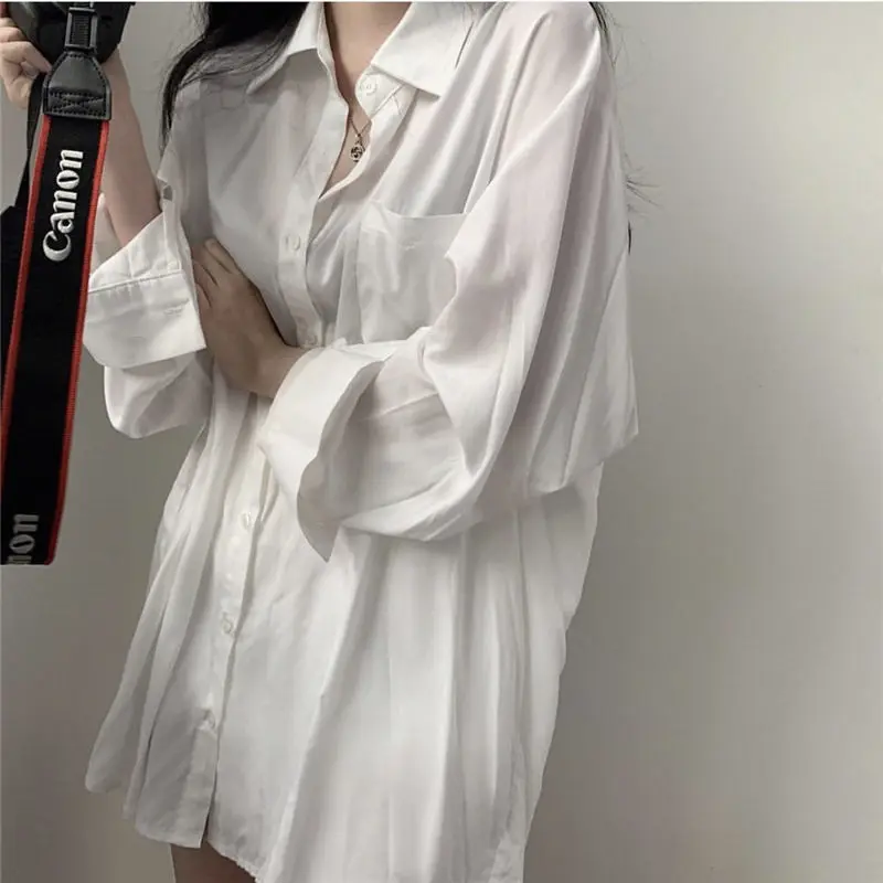 

Solid Shirts Women Single Breasted Thin Simple Oversize Korean Style Chic Leisure Fashion Loose Female Blouses Ins BF Teens New