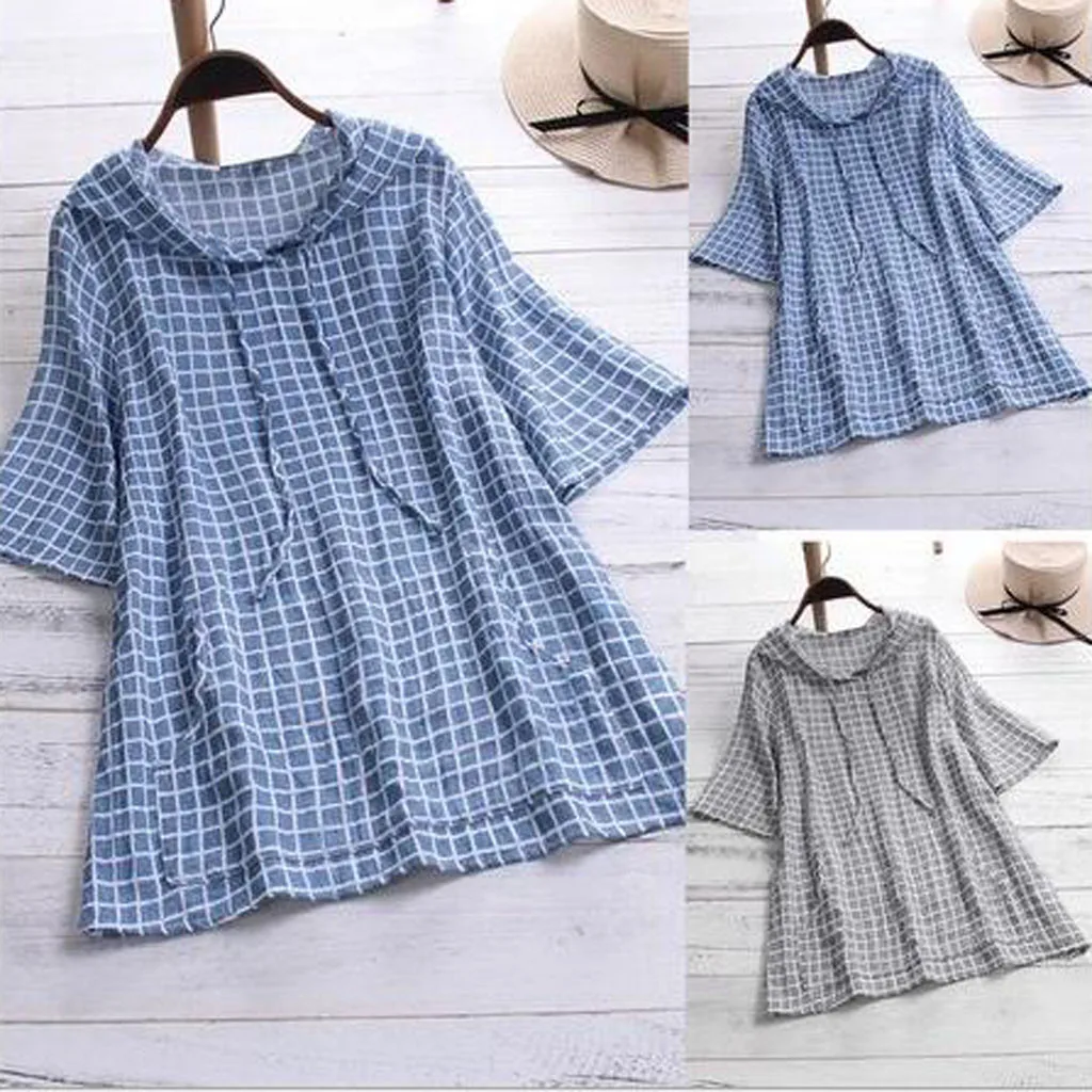 Женская клетчатая футболка с коротким рукавом модная повседневная кулиской в