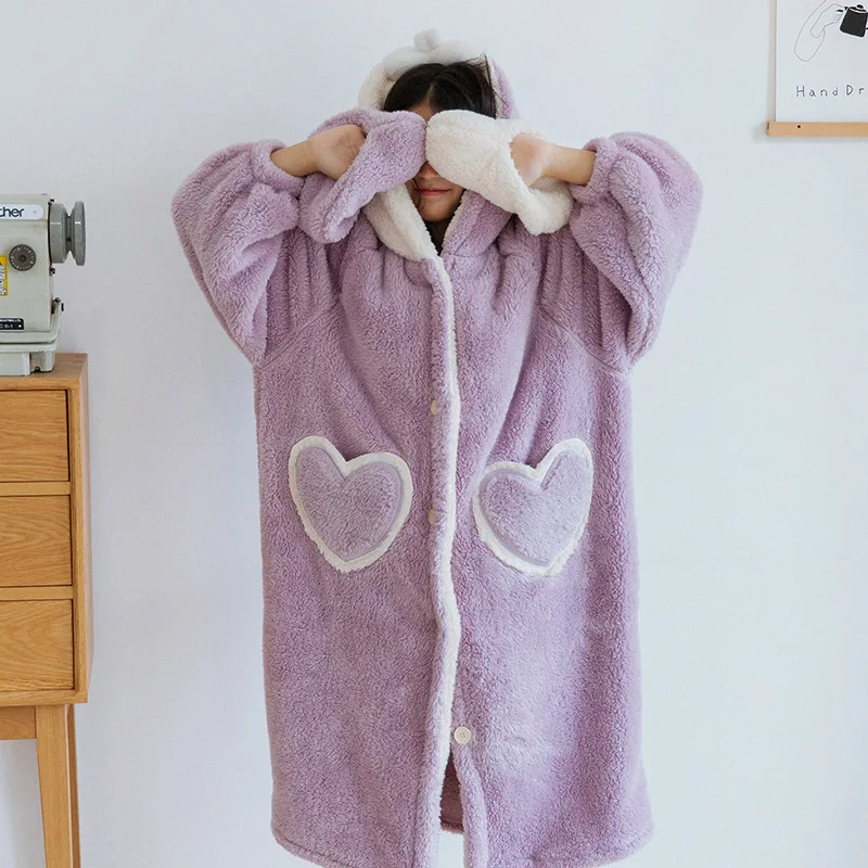 

Soft Flannel Bathrobe Nightwear Coral Fleece Sweetheart Lady Sleepwear Nightgown Thick Home Clothes Winter Warm Kimono Robe Gown