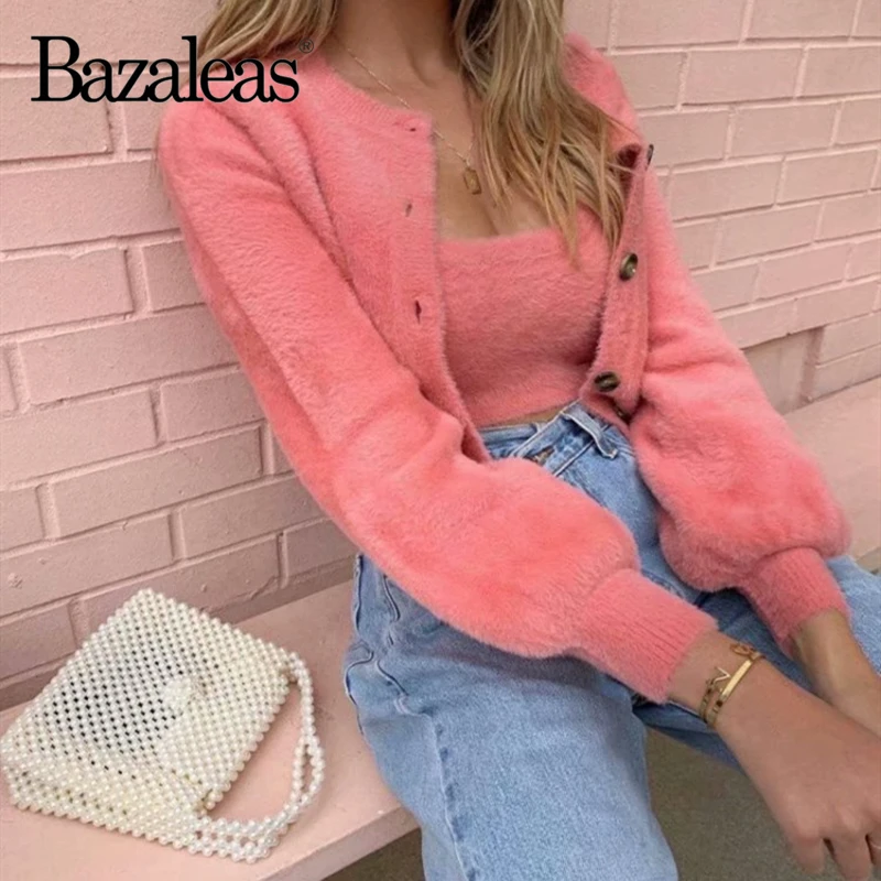 Bazaleas, винтажный женский свитер, шикарный, розовый, мягкий, мохер, вязаный кардиган, милый, тянет, женская одежда, kardigan, Прямая поставка