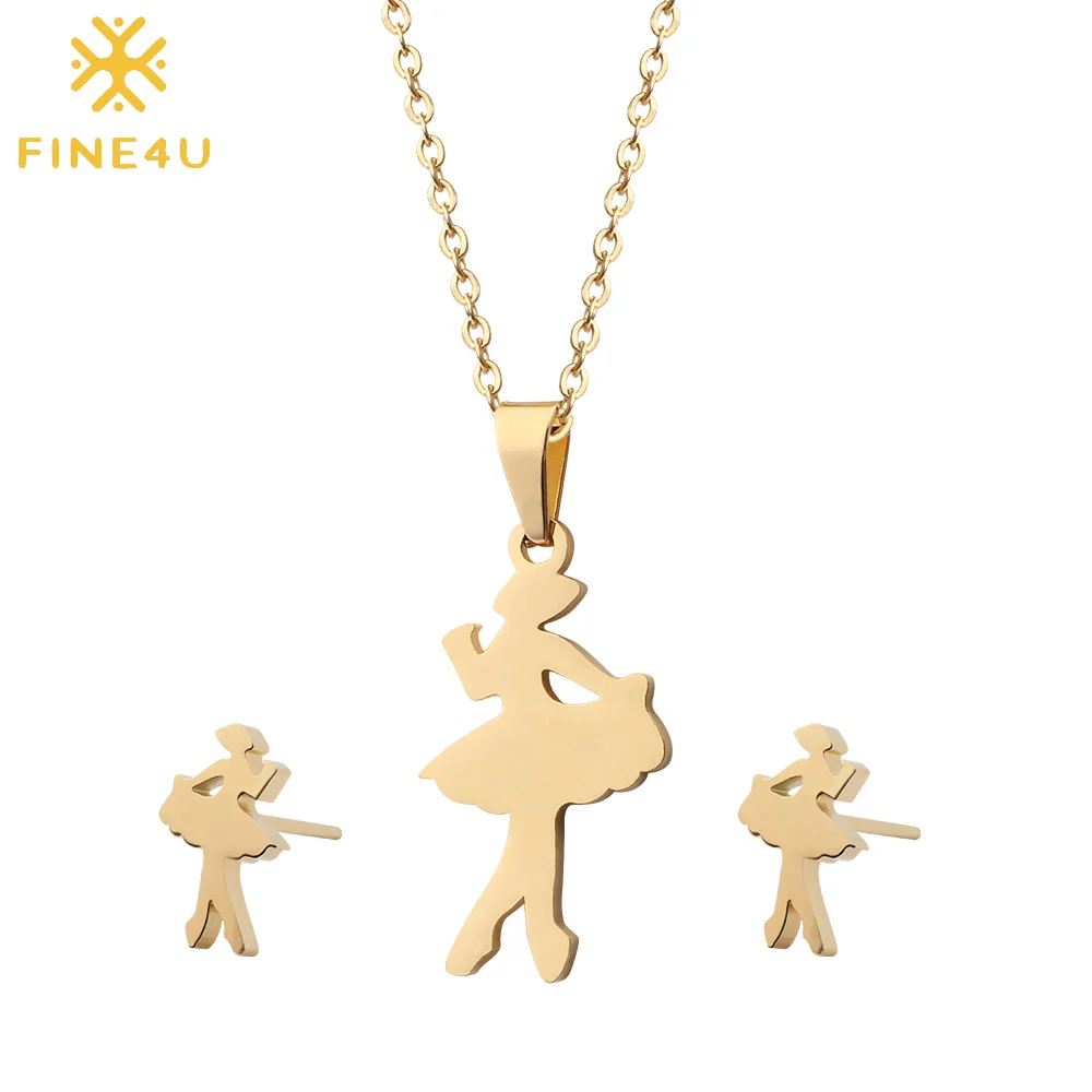 FINE4U N327 кулон Балерина ожерелье и серьги набор из нержавеющей стали ювелирных
