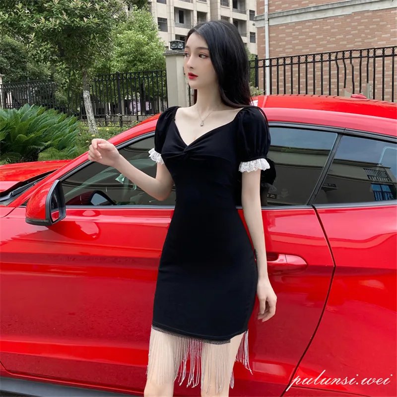 

Real shot 2020 new fashion sexy bag hip slim short-sleeved dress was thin lace and received waist tassel dress