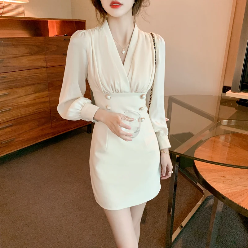 

Elegant Dresses Solid Color Slim V-neck Long Sleeve Slim Fit Dress Autumn Spring 2022 Party Night Club Dress