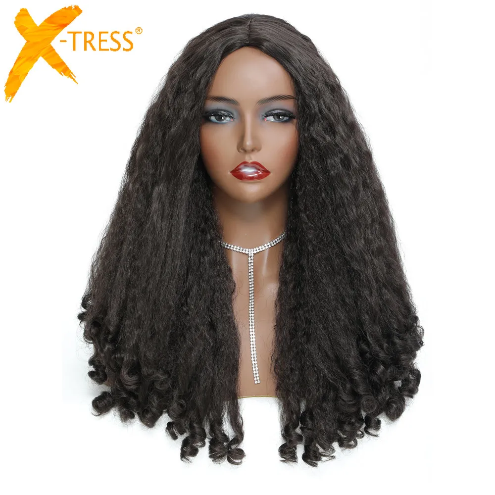 

X-TRESS Afro Kinky Curly Synthetic Wigs For Black Women 20 Inch Natural Color Machine Made Hair Wig Glueless Daily Use Hairstyle