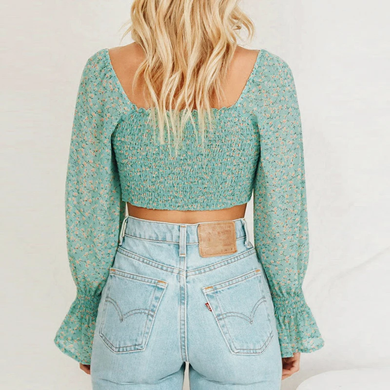 Conmoto Vintage Floral Print Women Crop Tops and Blouse Autumm Winter Long Sleeve Plead Short Shirt Chic Drawstring Blusa