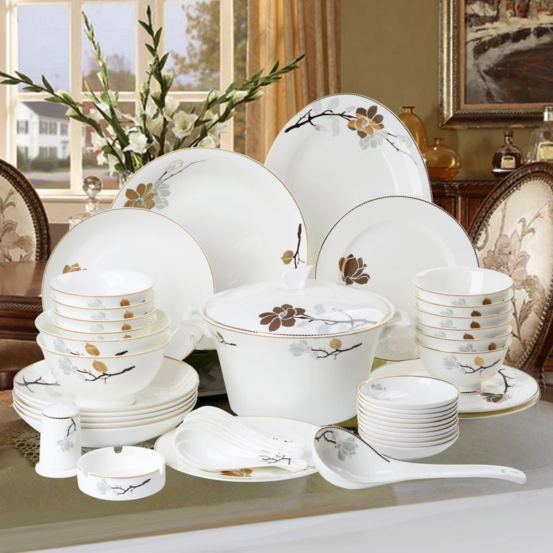 

Tangshan Ceramic bone china anti scalding tableware set Chinese 48j pieces of Phnom Penh household dishes combination gift
