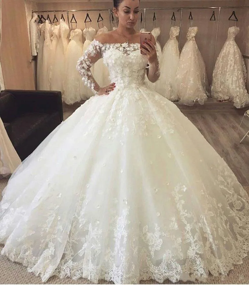 

Luxury Ball Gown Wedding Dresses Bridal Gowns Off Shoulders 3D Floral Flowers Illusion Long Sleeves Lace Vestidos De Novia