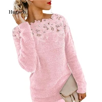 women solid color long sleeve o neck floral lace pullover sweater soft warm sweater pull femme nouveaute 2020