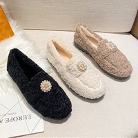 2020 lambswool moccasins women warm plush winter shoes woman espadrilles comfy fleeces loafers crystal pearl fur flats plus size