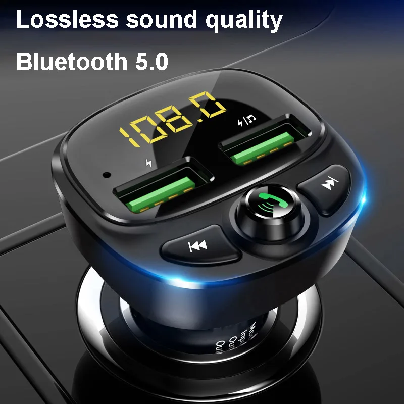 Konrisa Car FM Transmitter Bluetooth 5.0 Dual USB Charger Wireless Handsfree Car Kit FM Adapter Support TF Card USB Drive
