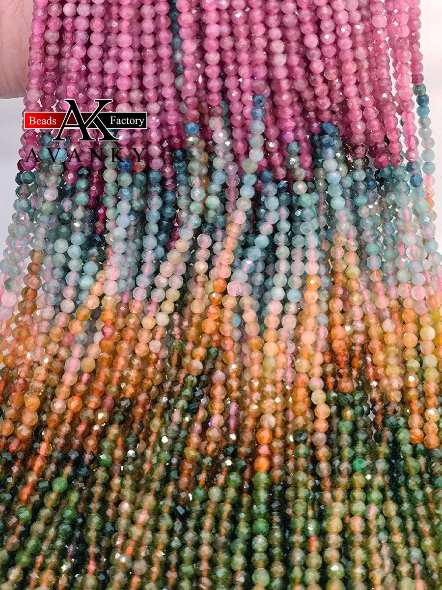 

2 3 mm Natural Faceted Colorful Tourmaline Stone Beads Round Loose Spacer Bead for Jewelry Making DIY Bracelet Accessories 15''