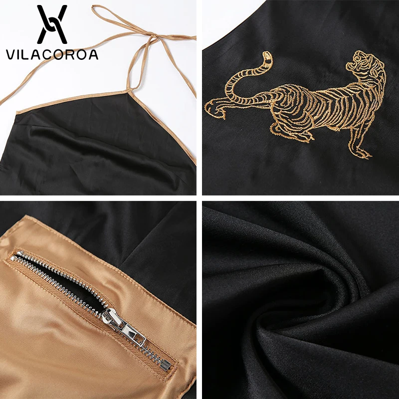 

Halter Lace-Up Black Slim Women Dress Tiger Embroidery Splice Straight Dresses Street Nightclub Y2K Sexy Backless Female Clothes