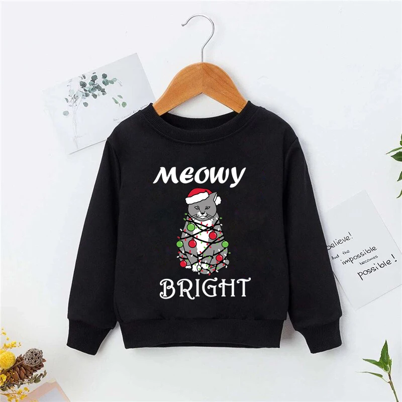 

Kawaii Kids Clothes Meowy Christmas Cat Animal Print Black Hoodie Girls Boys Harajuku Funny Sweatshirt Children Clothing Coat