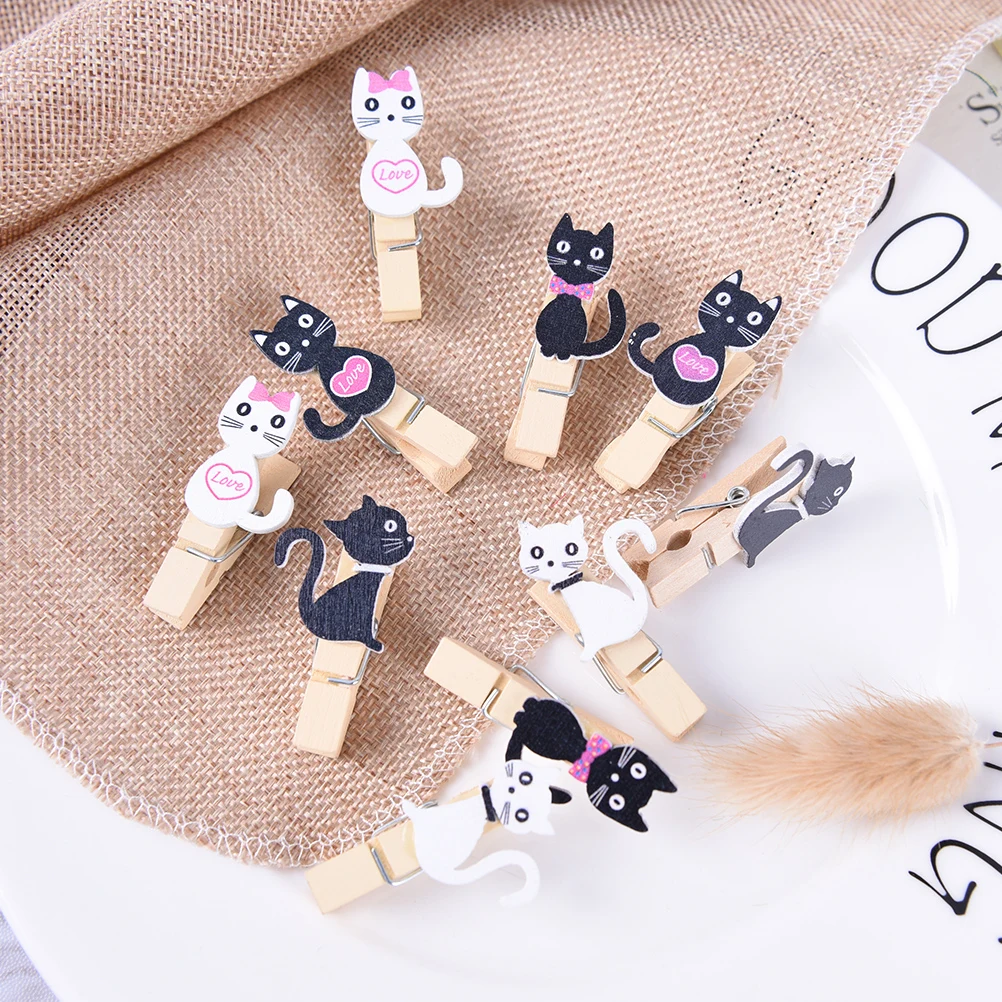 

10pcs/lot Mini Cute Japanese cat wooden clips with hemp rope nice Food clip Kawaii wood paper clip for bag Students' DIY tools